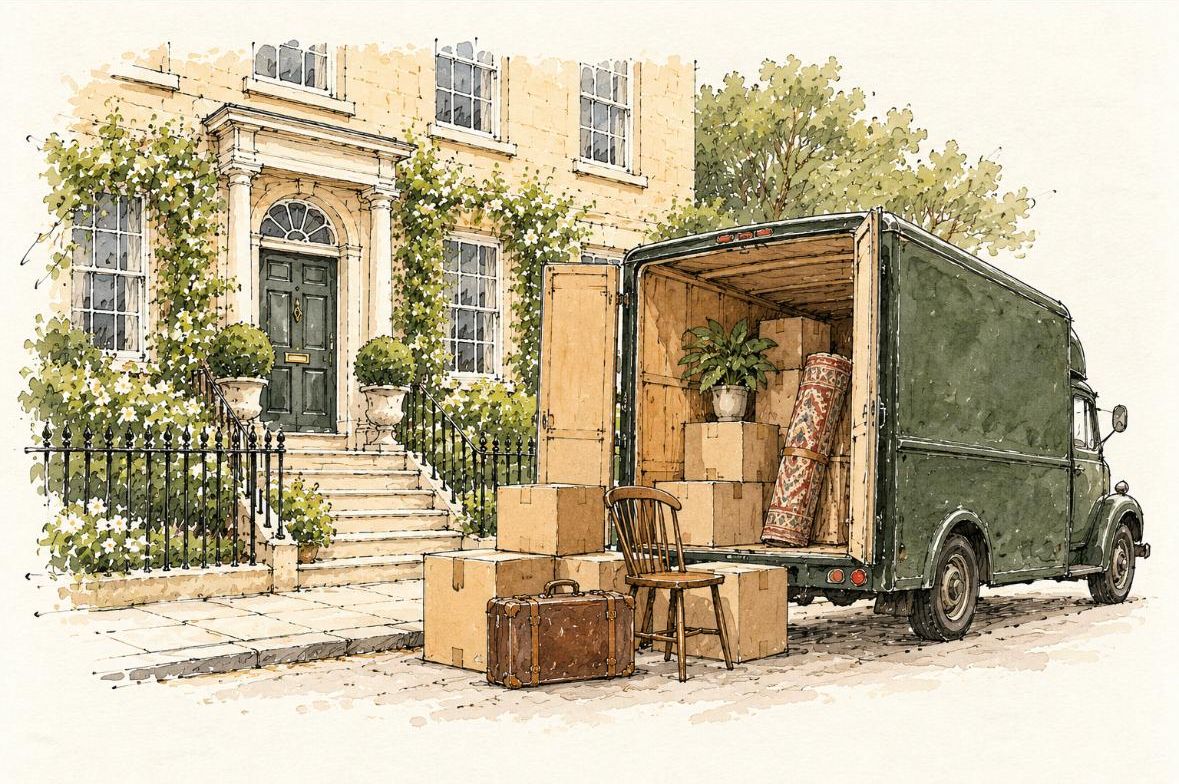 Watercolour illustration of a Georgian townhouse, with boxes, a rug and a chair being loaded into a green removals van.